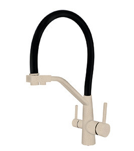 Смеситель VIKO V-5812 для кухни с гибким изливом и подключением к фильтру 2 в 1 (нержавеющая сталь) картридж d35 мм, (корпус/излив: бежевый мрамор/черный)