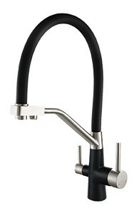 Смеситель VIKO V-5822 для кухни с гибким изливом и подключением к фильтру 2 в 1 (нержавеющая сталь) картридж d35 мм, (корпус/излив: черный, серебро/черный)