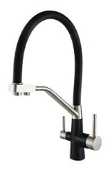 Смеситель VIKO V-5822 для кухни с гибким изливом и подключением к фильтру 2 в 1 (нержавеющая сталь) картридж d35 мм, (корпус/излив: черный, серебро/черный)
