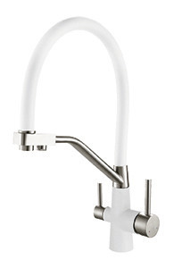 Смеситель VIKO V-5824 для кухни с гибким изливом и подключением к фильтру 2 в 1 (нержавеющая сталь) картридж d35 мм, (корпус/излив: белый, серебро/белый)