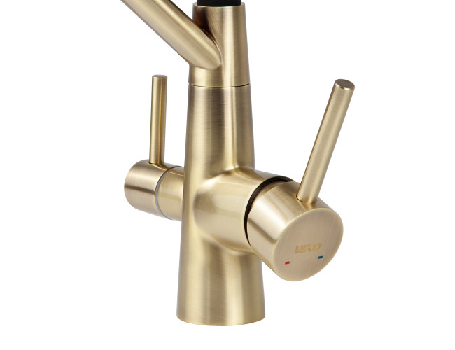 Смеситель VIKO V-5831 для кухни с гибким изливом и подключением к фильтру 2 в 1 (нержавеющая сталь) картридж d35 мм, (корпус/излив: бронза/черный)