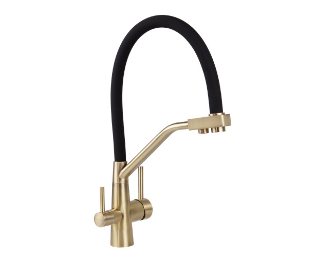 Смеситель VIKO V-5831 для кухни с гибким изливом и подключением к фильтру 2 в 1 (нержавеющая сталь) картридж d35 мм, (корпус/излив: бронза/черный)