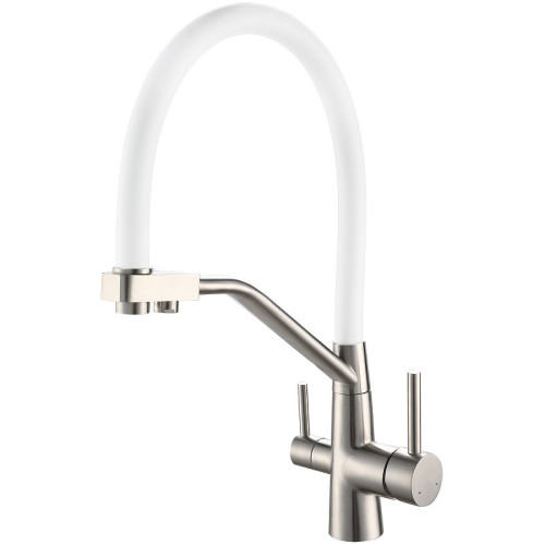 Смеситель VIKO V-5854 для кухни с гибким изливом и подключением к фильтру 2 в 1 (нержавеющая сталь) картридж d35 мм, (корпус/излив: серебро/белый)