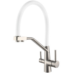 Смеситель VIKO V-5854 для кухни с гибким изливом и подключением к фильтру 2 в 1 (нержавеющая сталь) картридж d35 мм, (корпус/излив: серебро/белый)