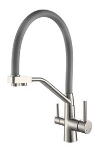 Смеситель VIKO V-5856 для кухни с гибким изливом и подключением к фильтру 2 в 1 (нержавеющая сталь) картридж d35 мм, (корпус/излив: серебро/серый)