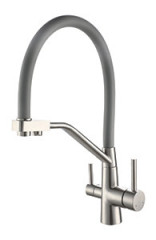 Смеситель VIKO V-5856 для кухни с гибким изливом и подключением к фильтру 2 в 1 (нержавеющая сталь) картридж d35 мм, (корпус/излив: серебро/серый)