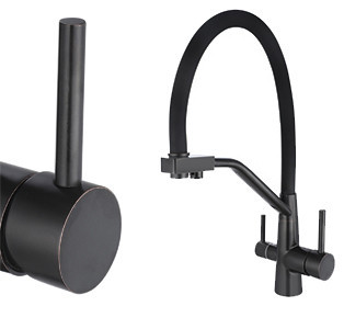 Смеситель VIKO V-5862 для кухни с гибким изливом и подключением к фильтру 2 в 1 (нержавеющая сталь) картридж d35 мм, (корпус/излив: бронза черная/черный)