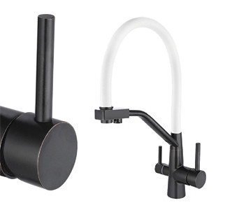 Смеситель VIKO V-5864 для кухни с гибким изливом и подключением к фильтру 2 в 1 (нержавеющая сталь) картридж d35 мм, (корпус/излив: бронза черная/белый)