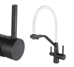 Смеситель VIKO V-5864 для кухни с гибким изливом и подключением к фильтру 2 в 1 (нержавеющая сталь) картридж d35 мм, (корпус/излив: бронза черная/белый)