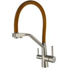 Смеситель VIKO V-5850 для кухни с гибким изливом и подключением к фильтру 2 в 1 (нержавеющая сталь) картридж d35 мм, (корпус/излив: серебро/коричневый)
