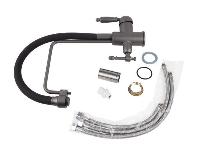 Смеситель VIKO V-5617 для кухни, картридж Ф35мм,с гибким черным изливом, под фильтр, Gunmetal