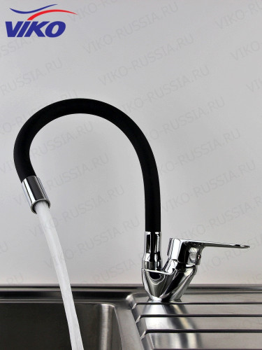 Смеситель VIKO V-4128 для кухни, с гибким ЧЁРНЫМ изливом, Хром